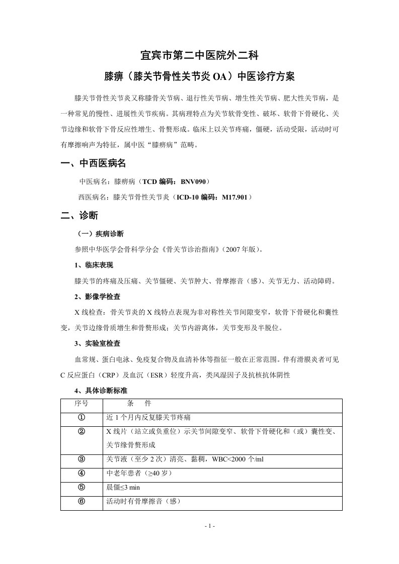 宜宾市第二中医院外二科优势病种膝痹病(膝关节骨性关节炎)中医诊疗方案