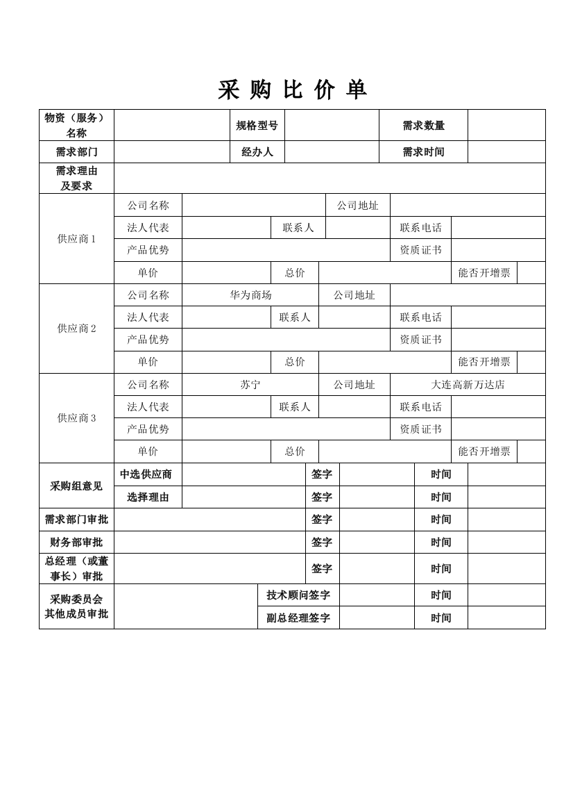 (完整版)采购比价单模板