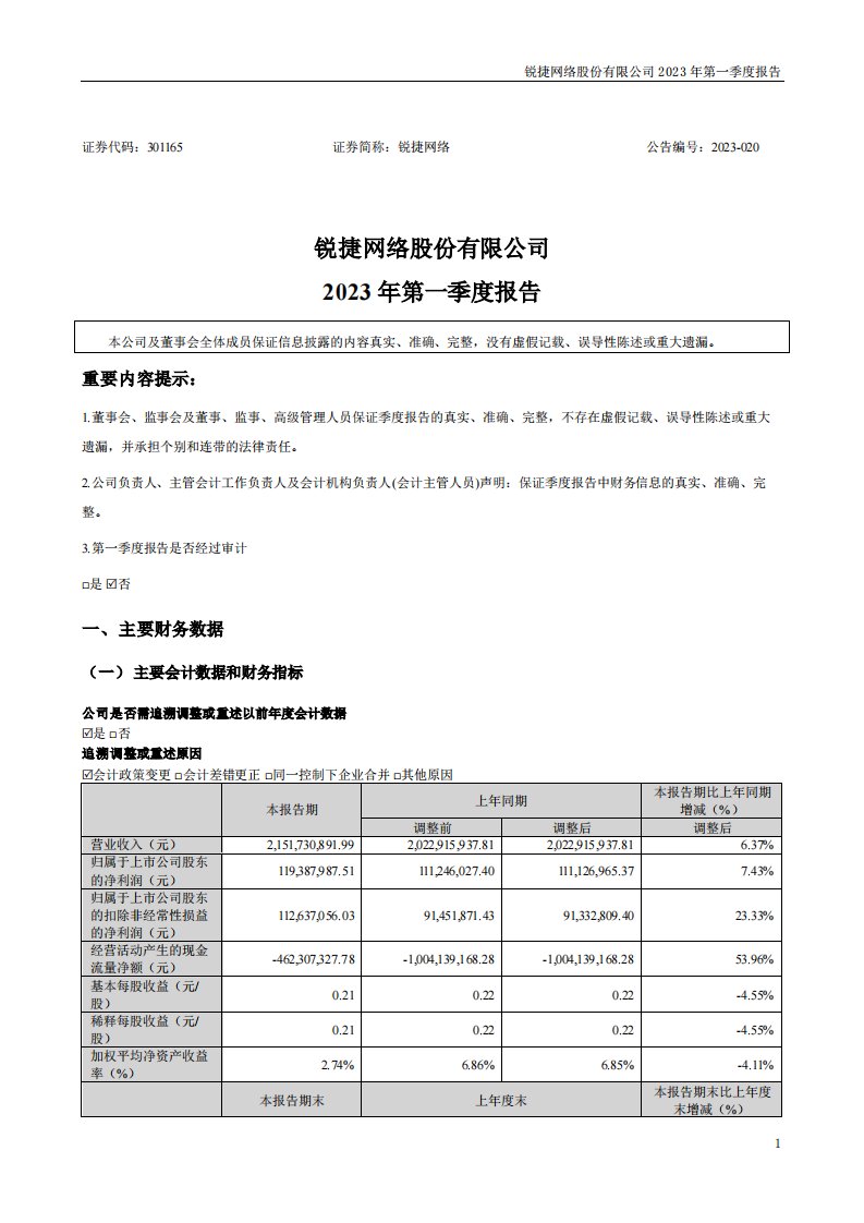 深交所-锐捷网络：2023年一季度报告-20230426