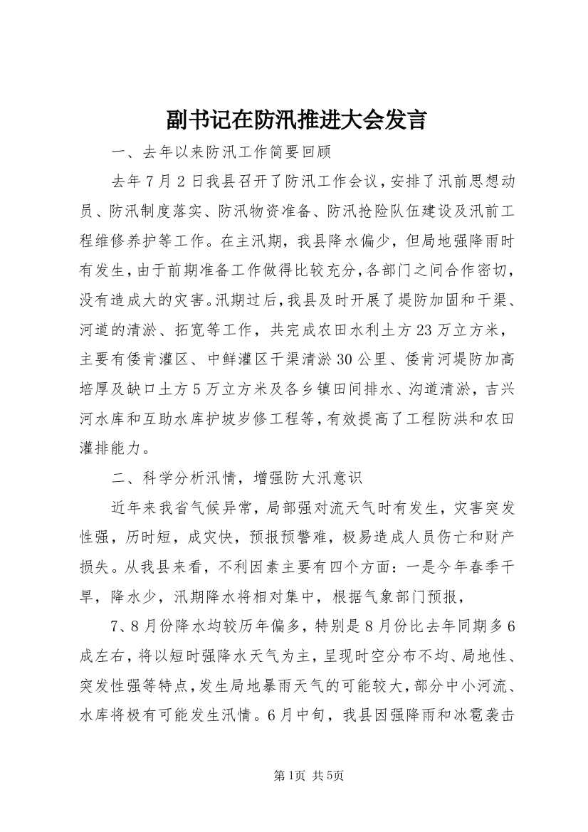 副书记在防汛推进大会发言