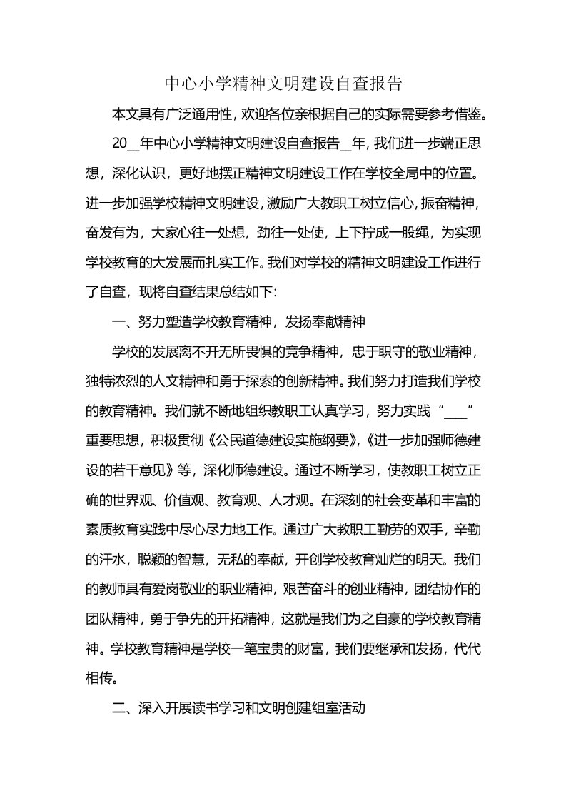 中心小学精神文明建设自查报告