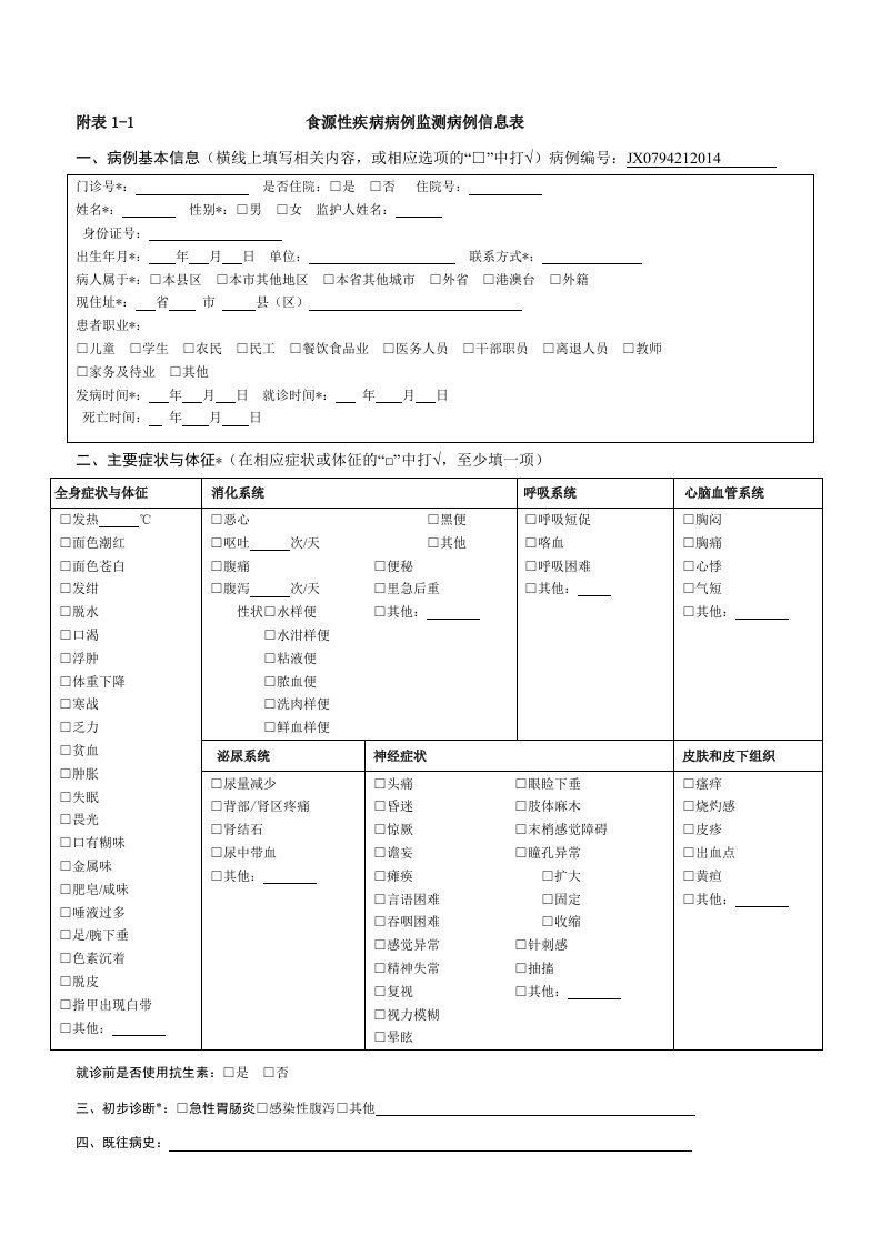 附表食源性疾病病例监测信息表