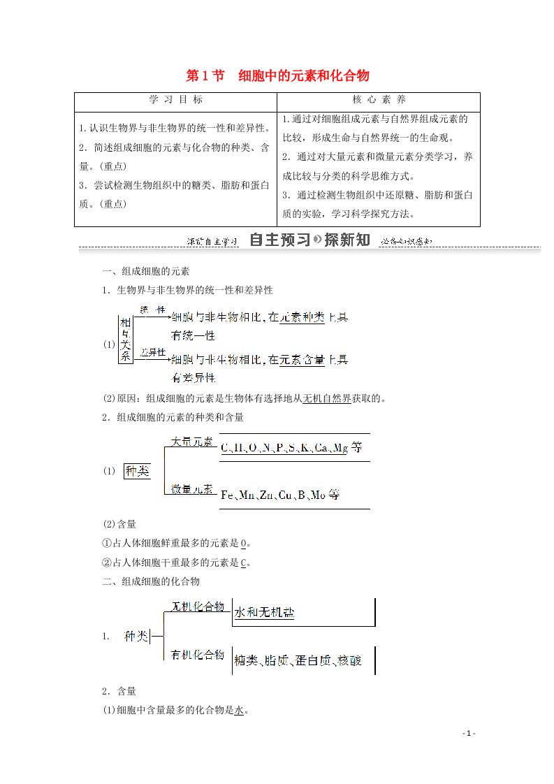 2020_2021学年高中生物第2章组成细胞的分子第1节细胞中的元素和化合物学案新人教版必修1