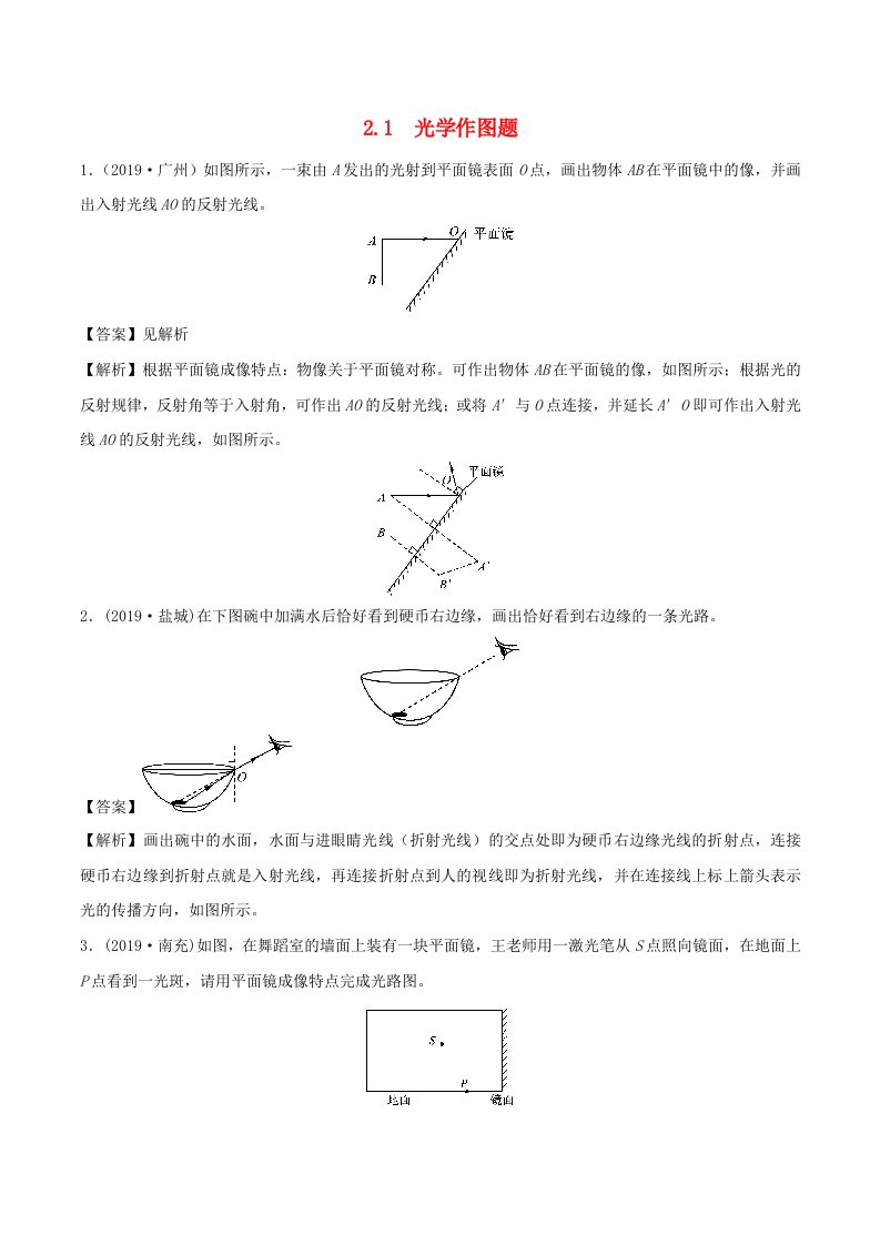 全国通用备战2020中考物理专题2.1光学作图题含解析