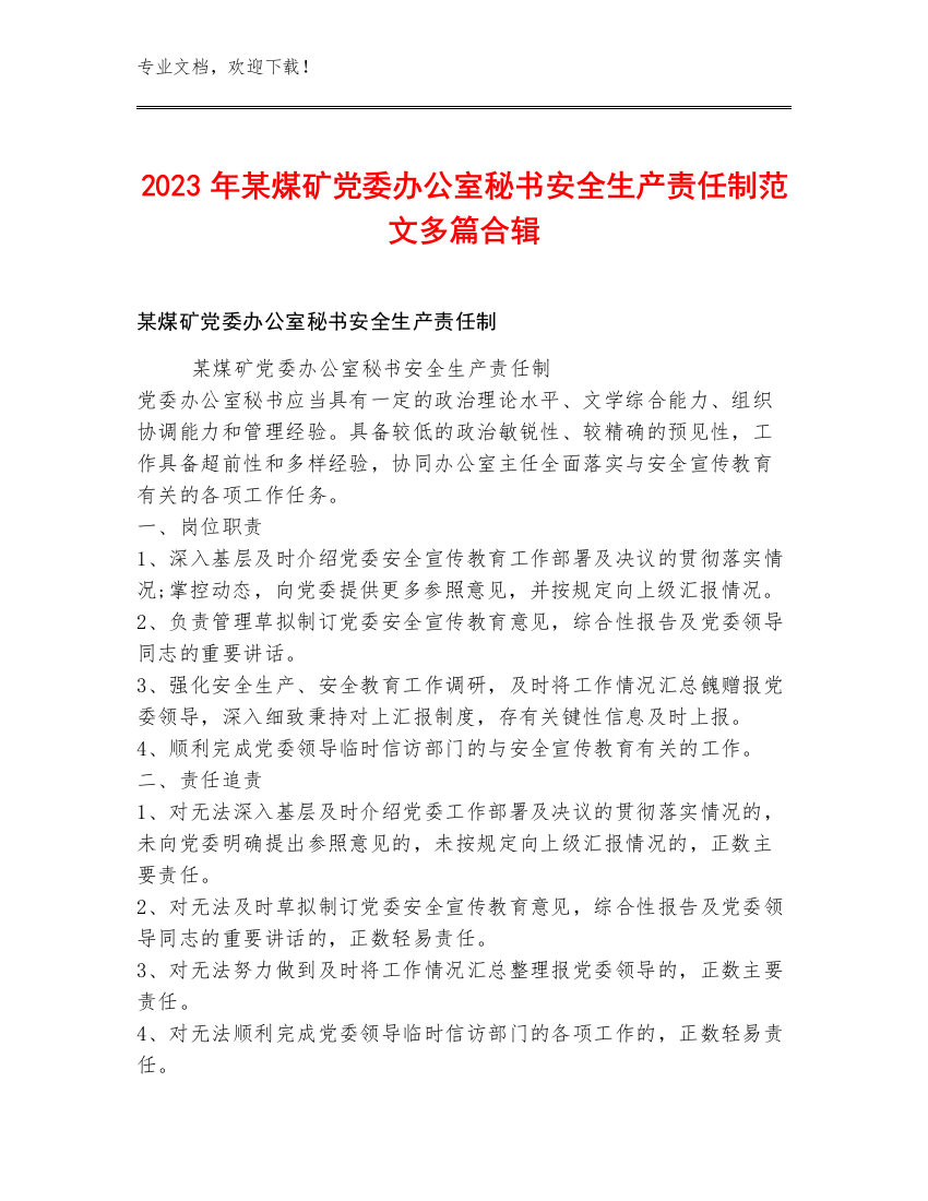 2023年某煤矿党委办公室秘书安全生产责任制范文多篇合辑