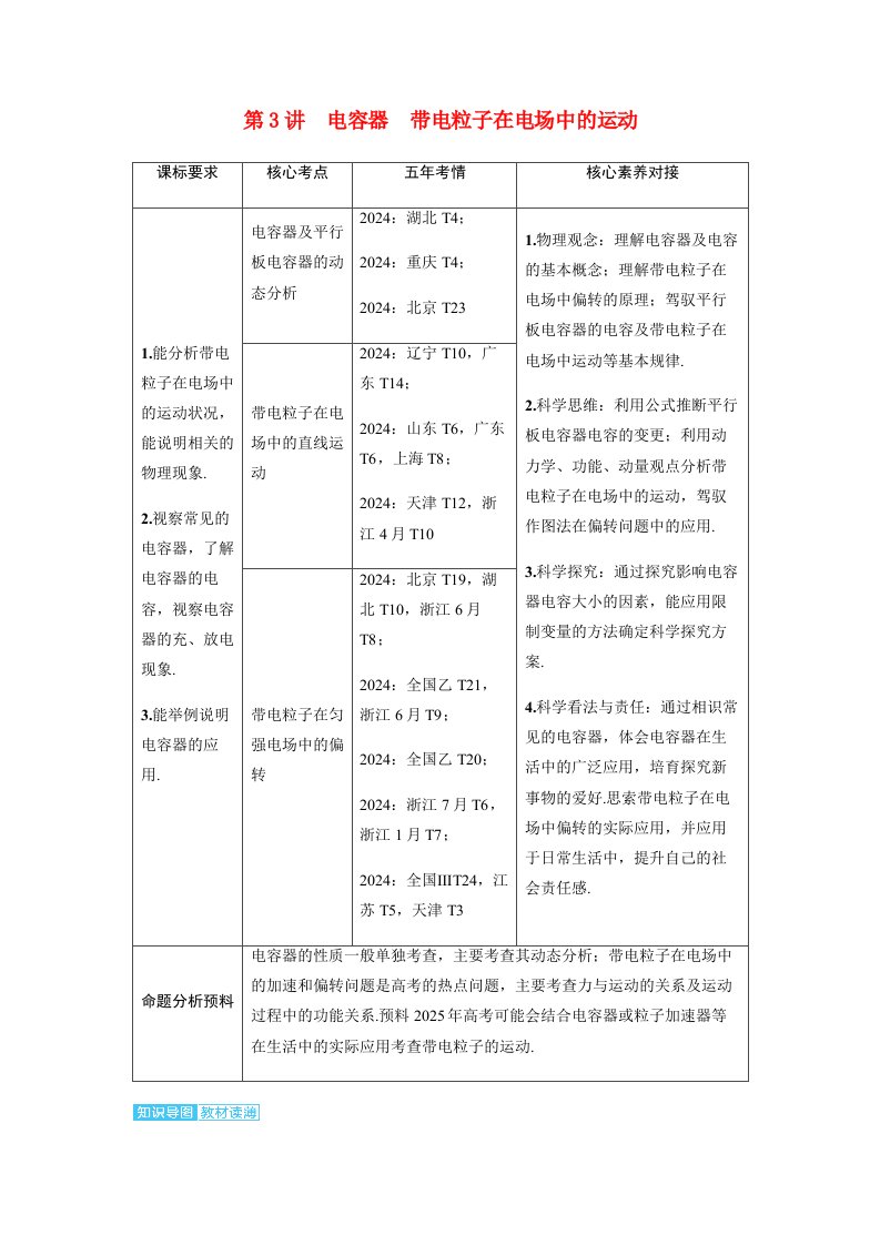 备考2025届高考物理一轮复习讲义第九章静电场第3讲电容器带电粒子在电场中的运动考点1电容器及平行板电容器的动态分析