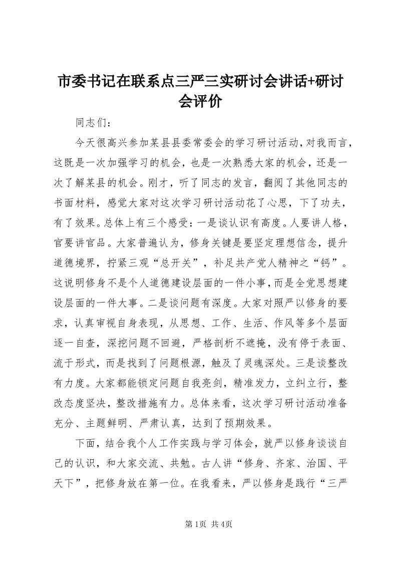 5市委书记在联系点三严三实研讨会致辞+研讨会评价