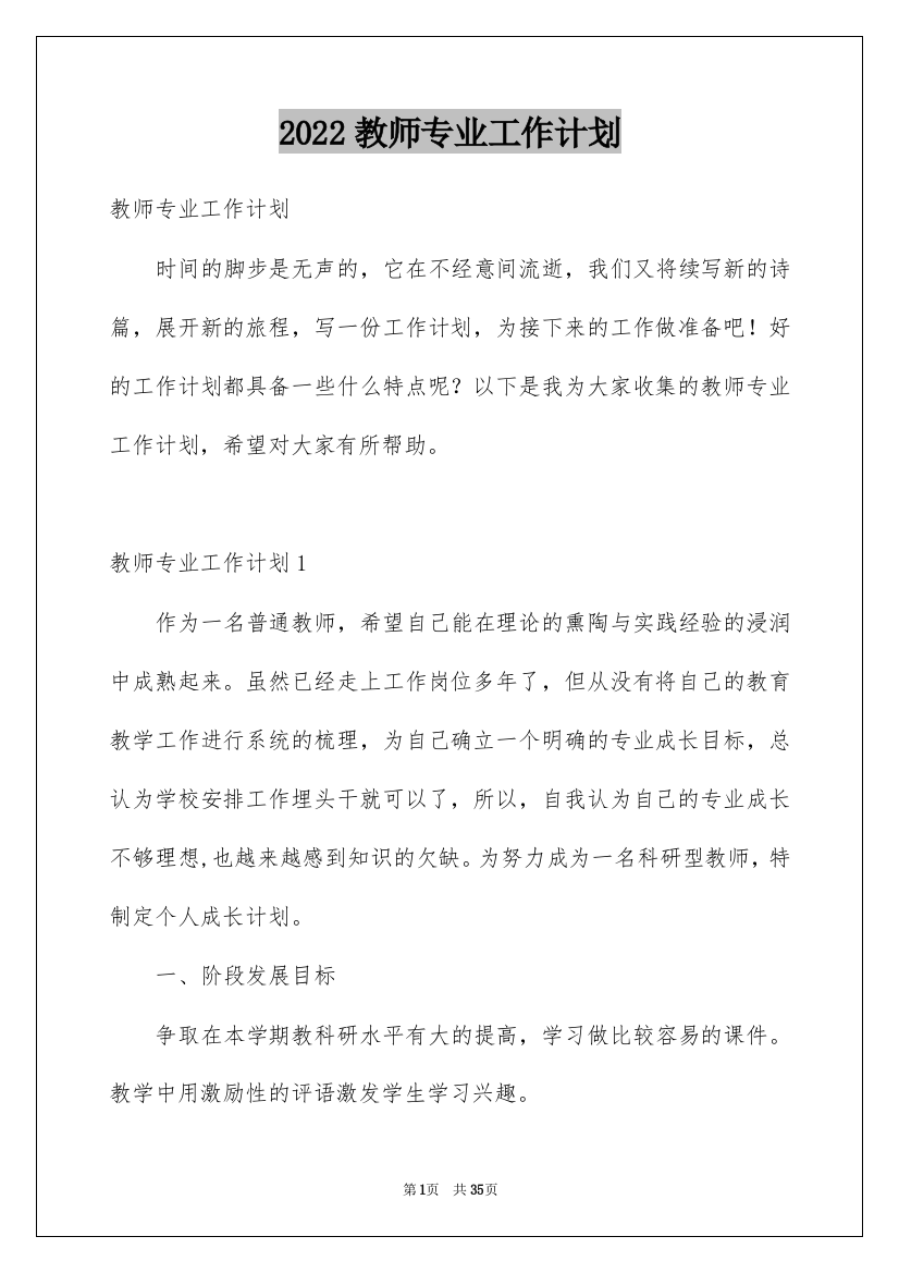 2022教师专业工作计划