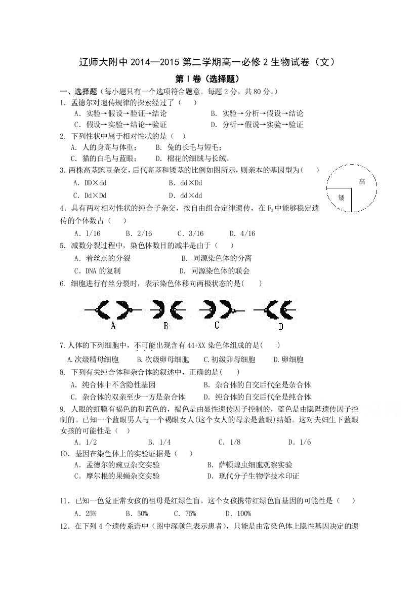 《首发》辽宁师大附中2014-2015学年高一下学期期末考试