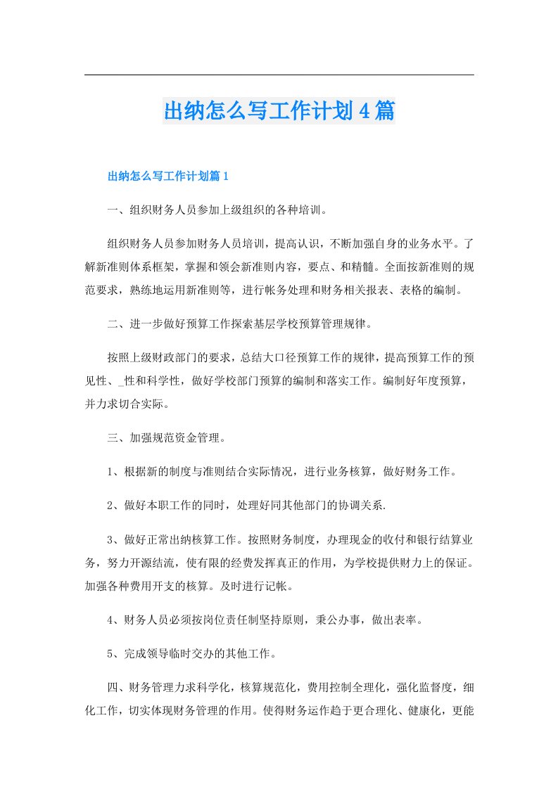 出纳怎么写工作计划4篇