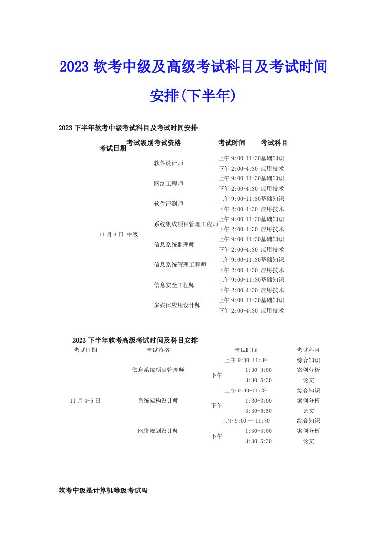 2023软考中级及高级考试科目及考试时间安排(下半年)