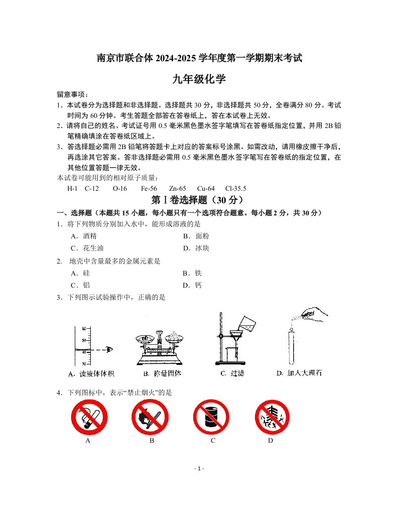 江苏省南京市联合体2024-2025学年度第一学期期末考试九年级化学试卷(含答案)