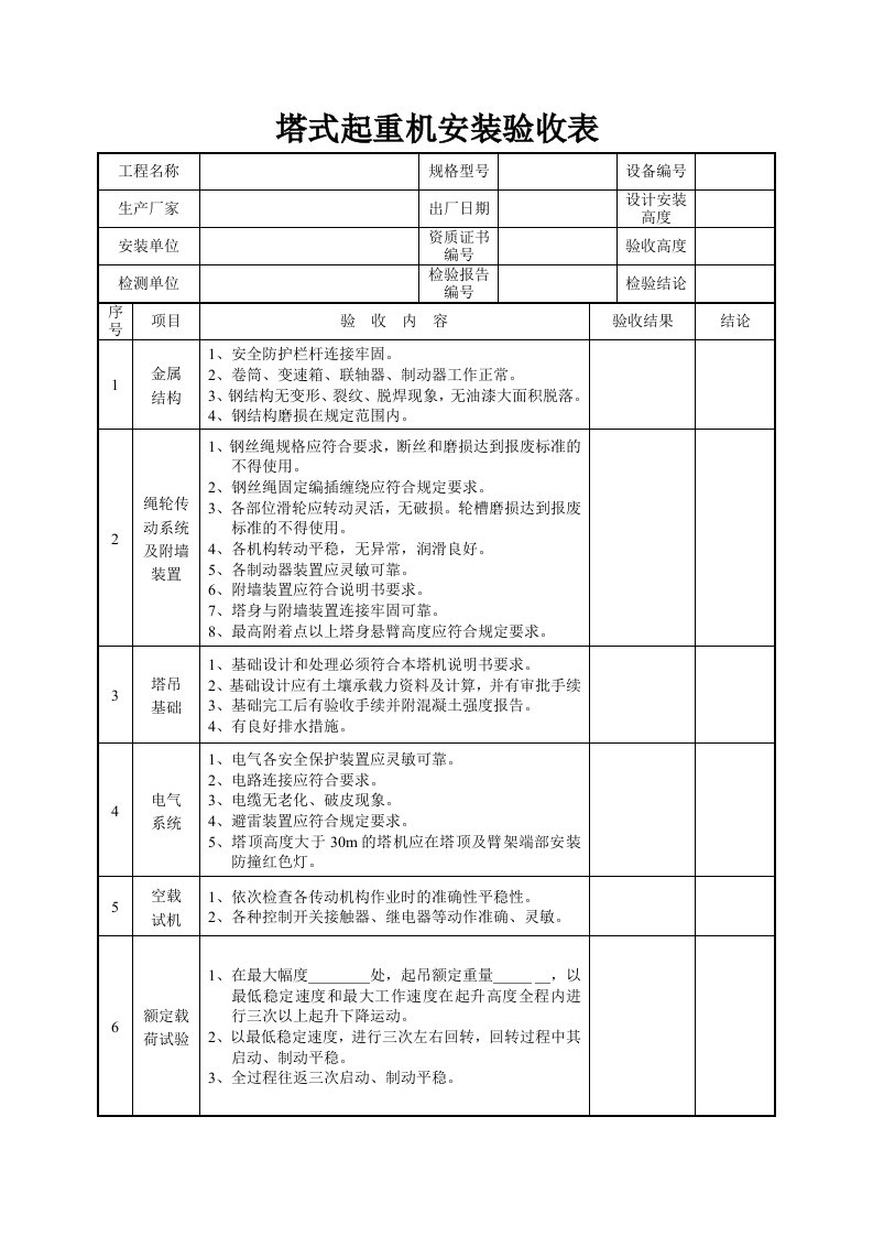 塔式起重机安装验收表(四方验收)