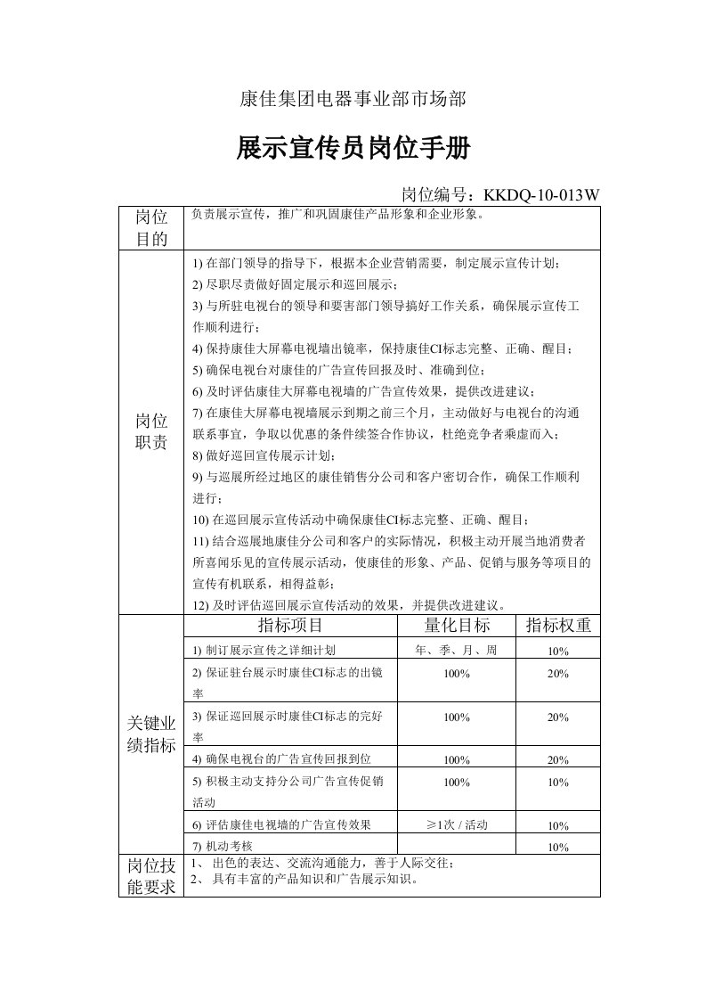 电器事业部市场部展示宣传员岗位手册