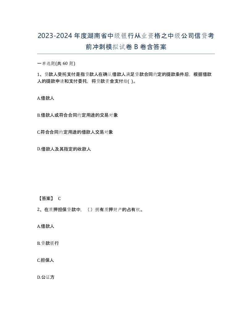 2023-2024年度湖南省中级银行从业资格之中级公司信贷考前冲刺模拟试卷B卷含答案