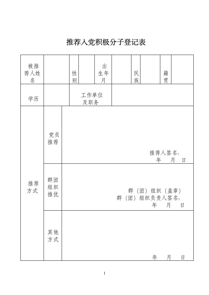 推荐入党积极分子登记表