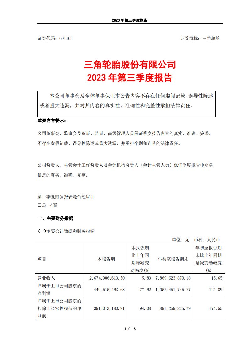 上交所-三角轮胎2023年第三季度报告-20231026