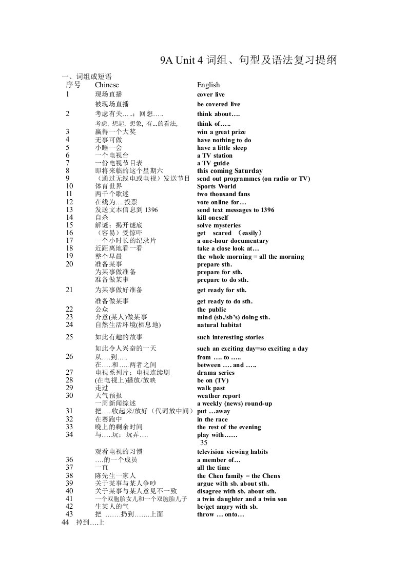 初三英语上学期Unit4词组、句型及语法复习提纲