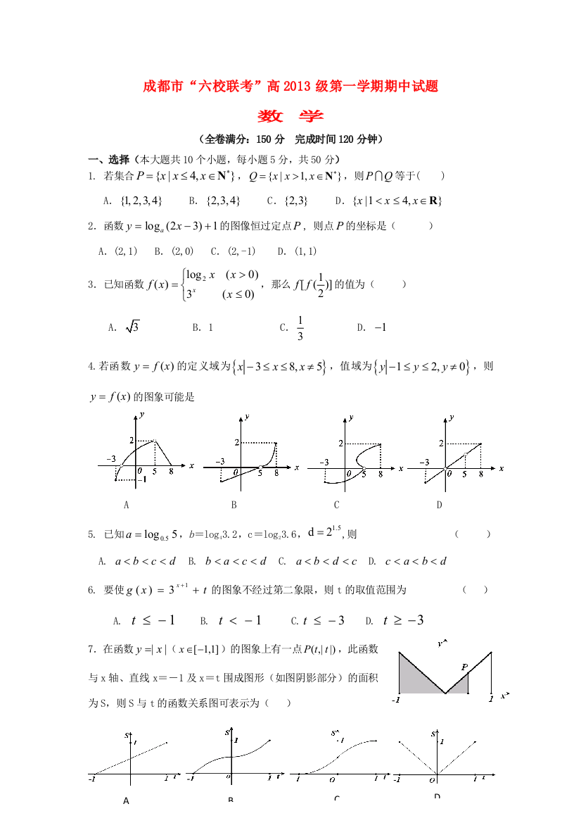 四川省成都市六校协作体2013-2014学年高一数学上学期期中试题新人教A版