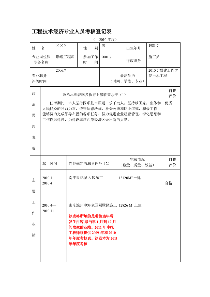 工程技术经济专业人员考核登记表.