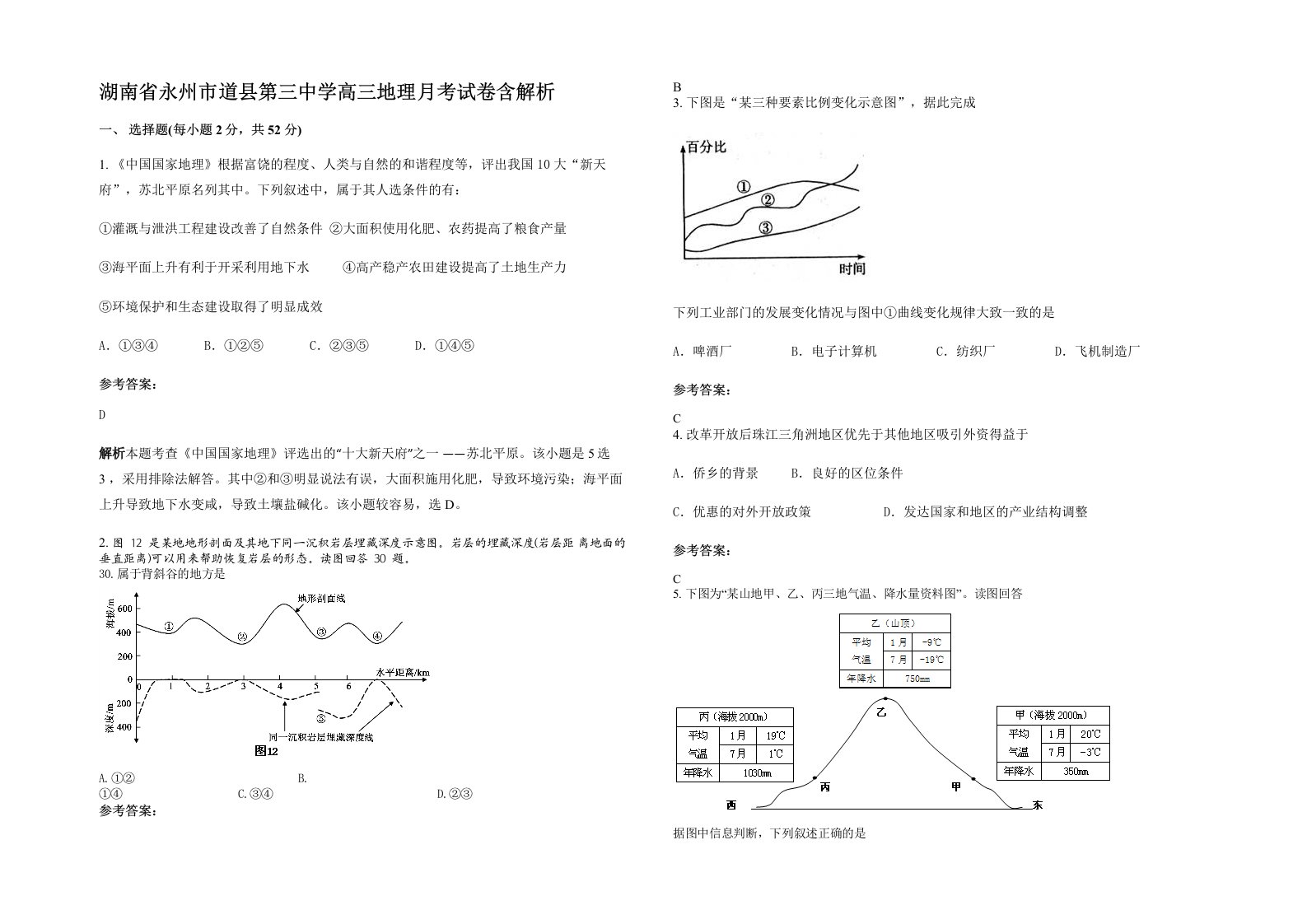 湖南省永州市道县第三中学高三地理月考试卷含解析