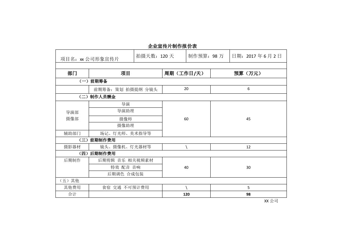 企业宣传片制作报价表