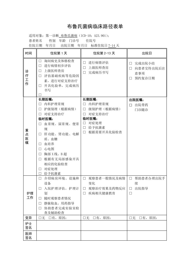 布鲁氏菌病临床路径表单