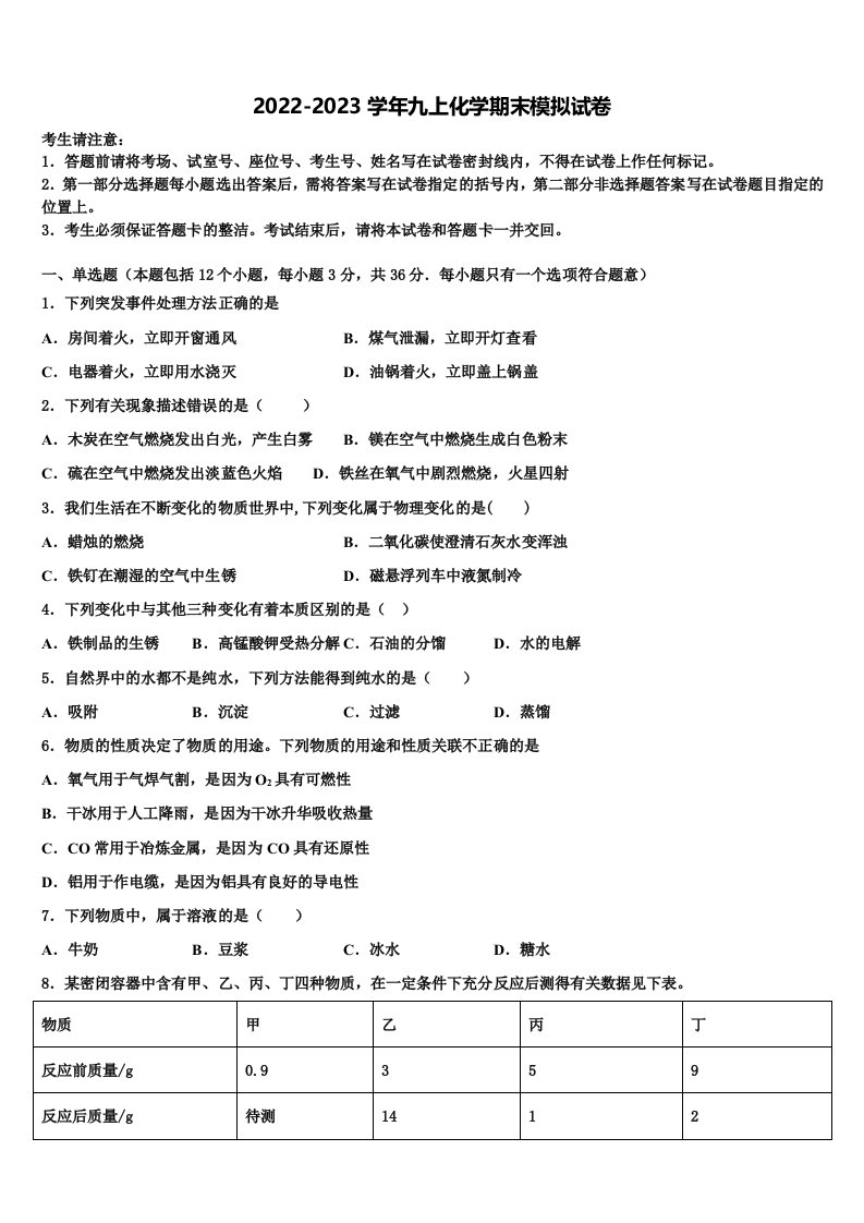 湖北省武汉市部分学校2022年化学九年级第一学期期末综合测试试题含解析