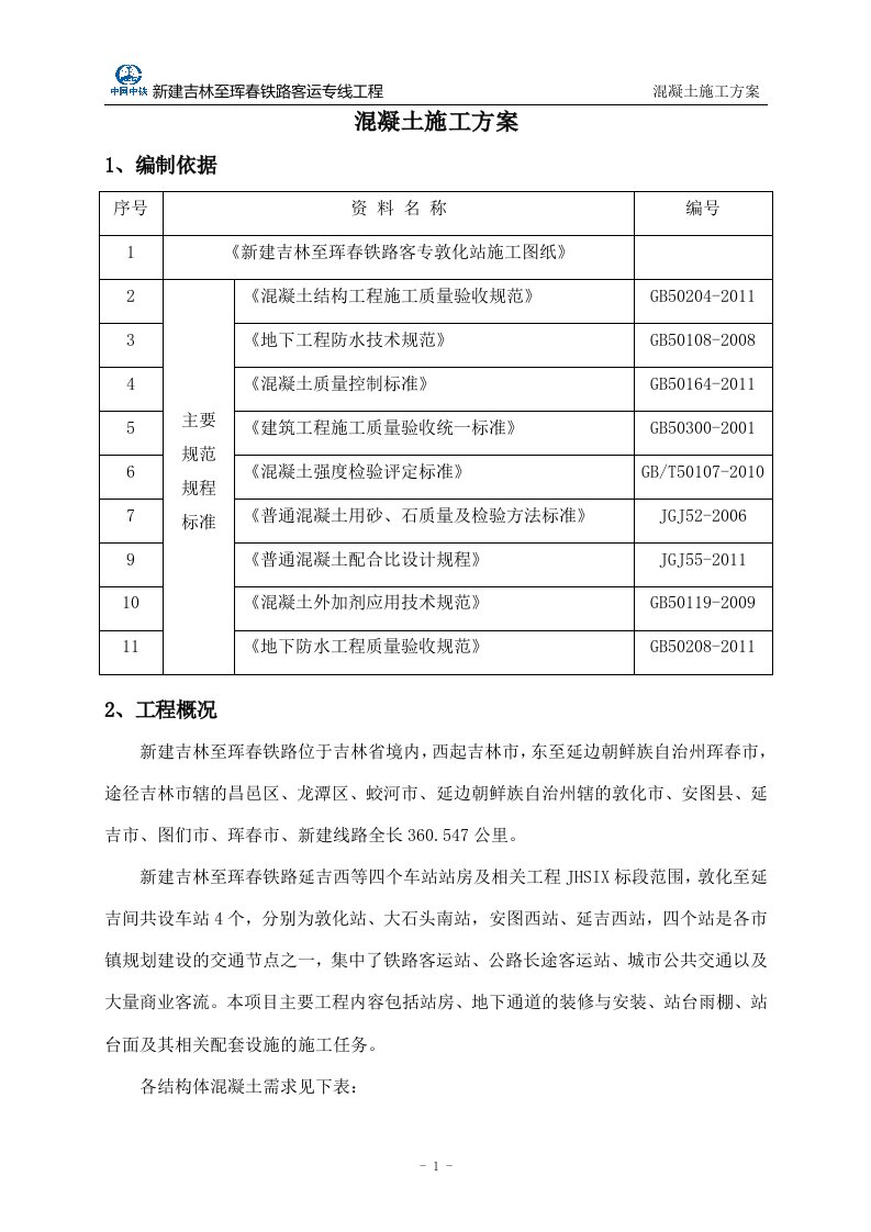 新建吉林至珲春铁路客运专线工程混凝土施工方案