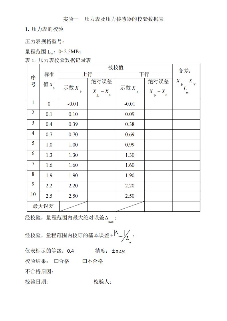 实验一压力表及压力传感器的校验数据表