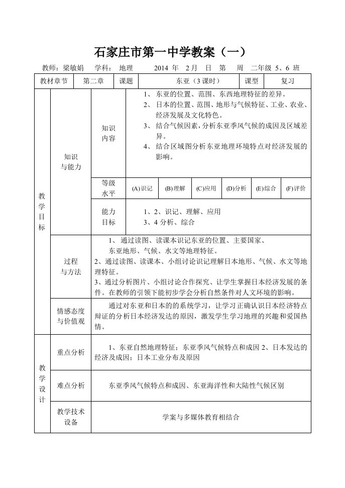 高二级区域地理复习《东亚》教案