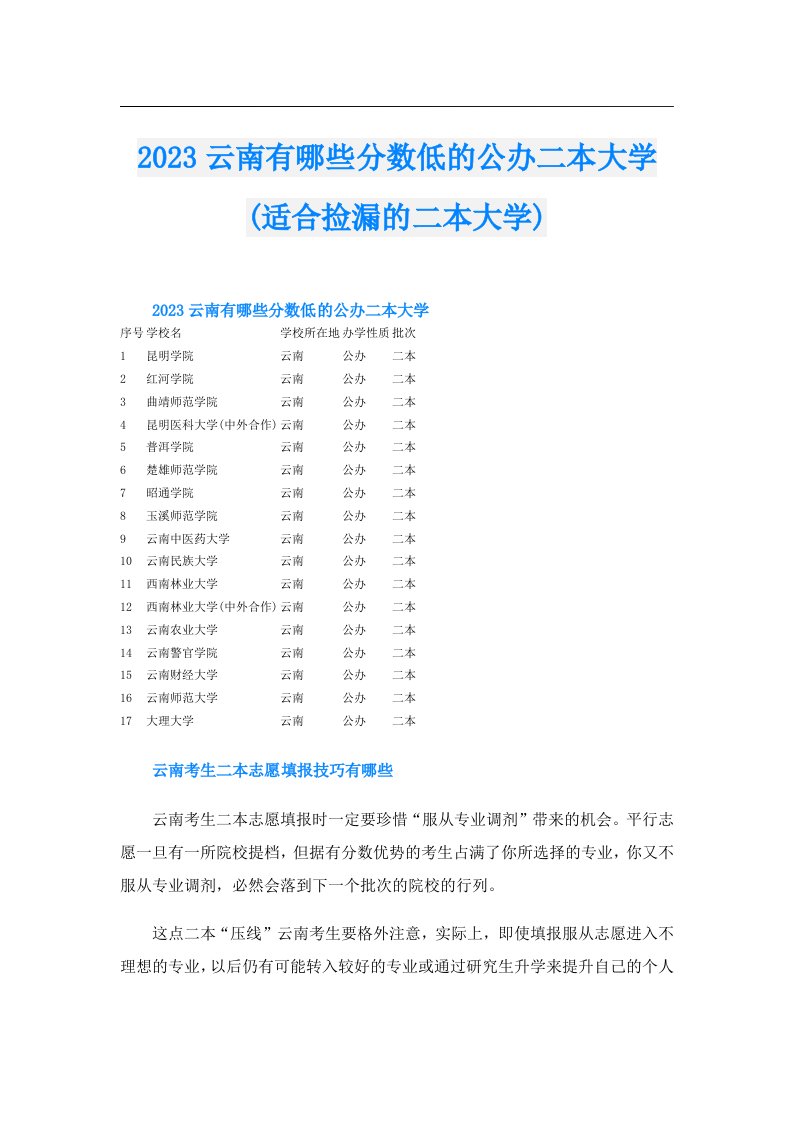 云南有哪些分数低的公办二本大学(适合捡漏的二本大学)