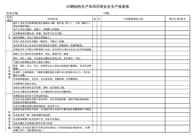 钢结构生产车间日常安全生产检查表