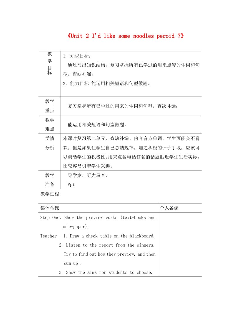 2016年秋山东省淄博市临淄区八中七年级英语教案Unit2Idlikesomenoodlesperiod7鲁教版新版上册