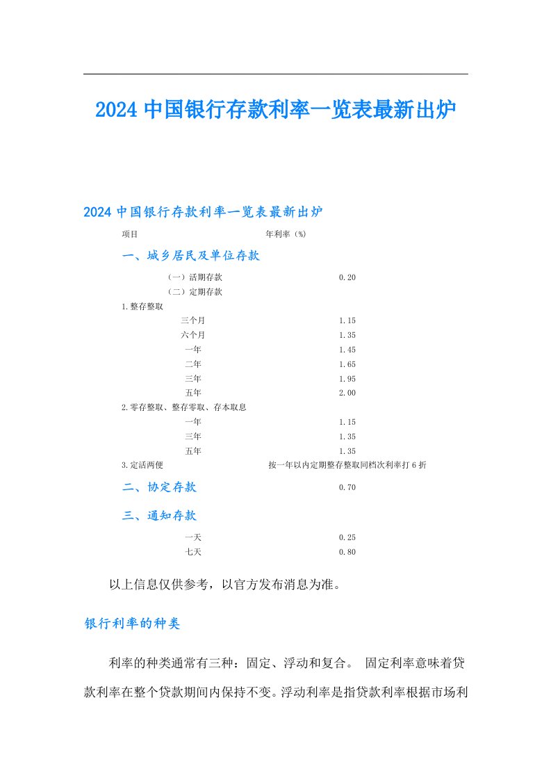 2024中国银行存款利率一览表最新出炉