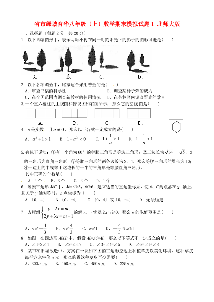 （整理版）市绿城育华八年级（上）数学期末模拟试题1北师大