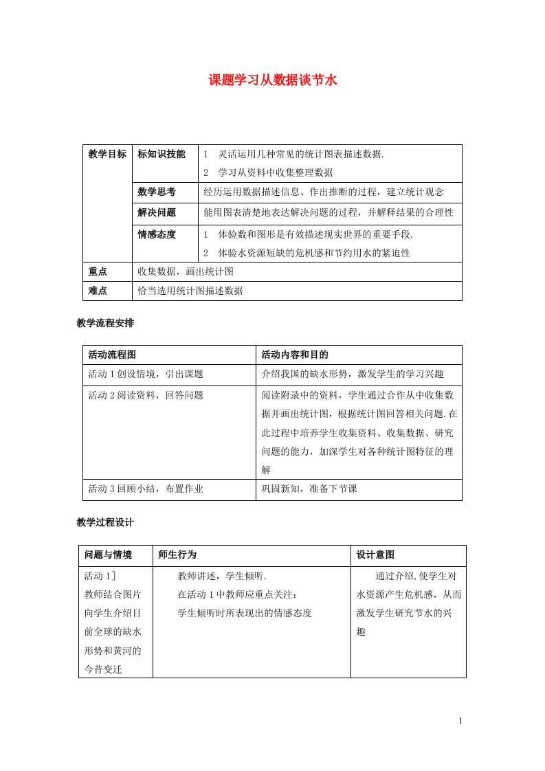 2022七年级数学下册第10章数据的收集整理与描述10.3课题学习从数据谈节水教学设计新版新人教版