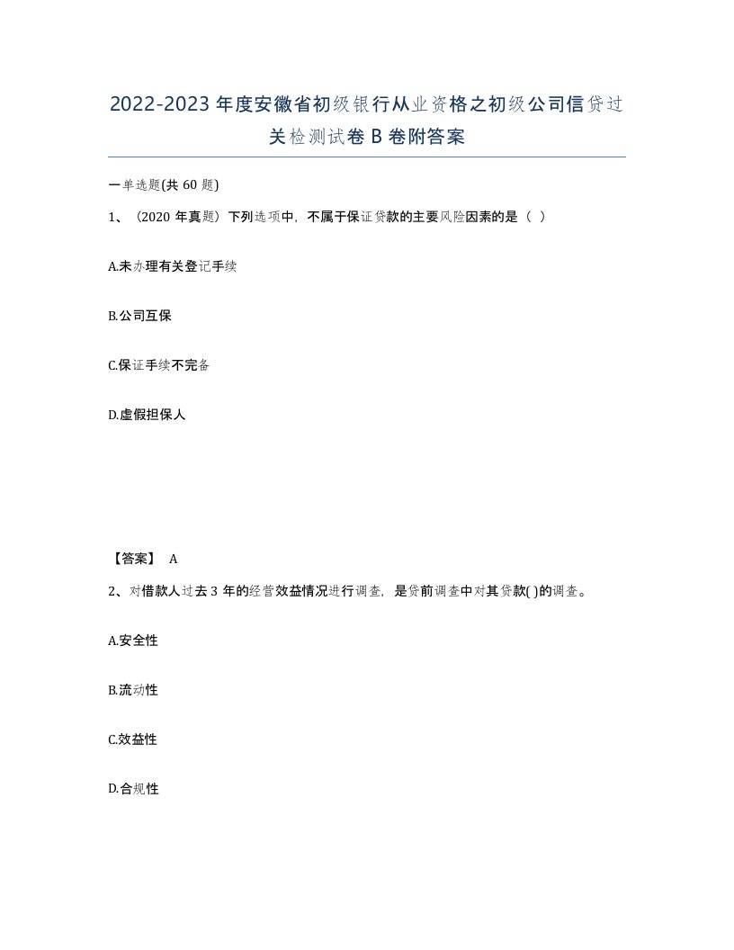 2022-2023年度安徽省初级银行从业资格之初级公司信贷过关检测试卷B卷附答案