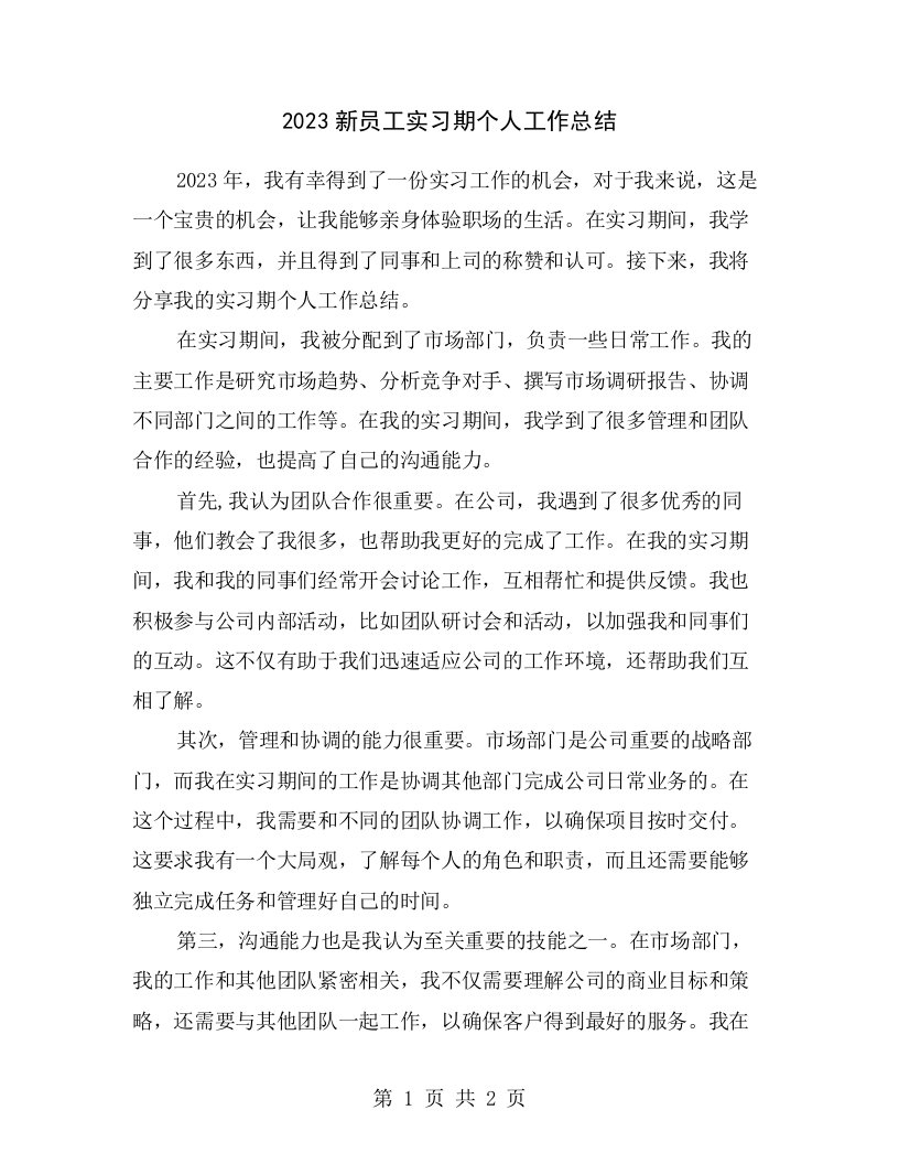 2023新员工实习期个人工作总结