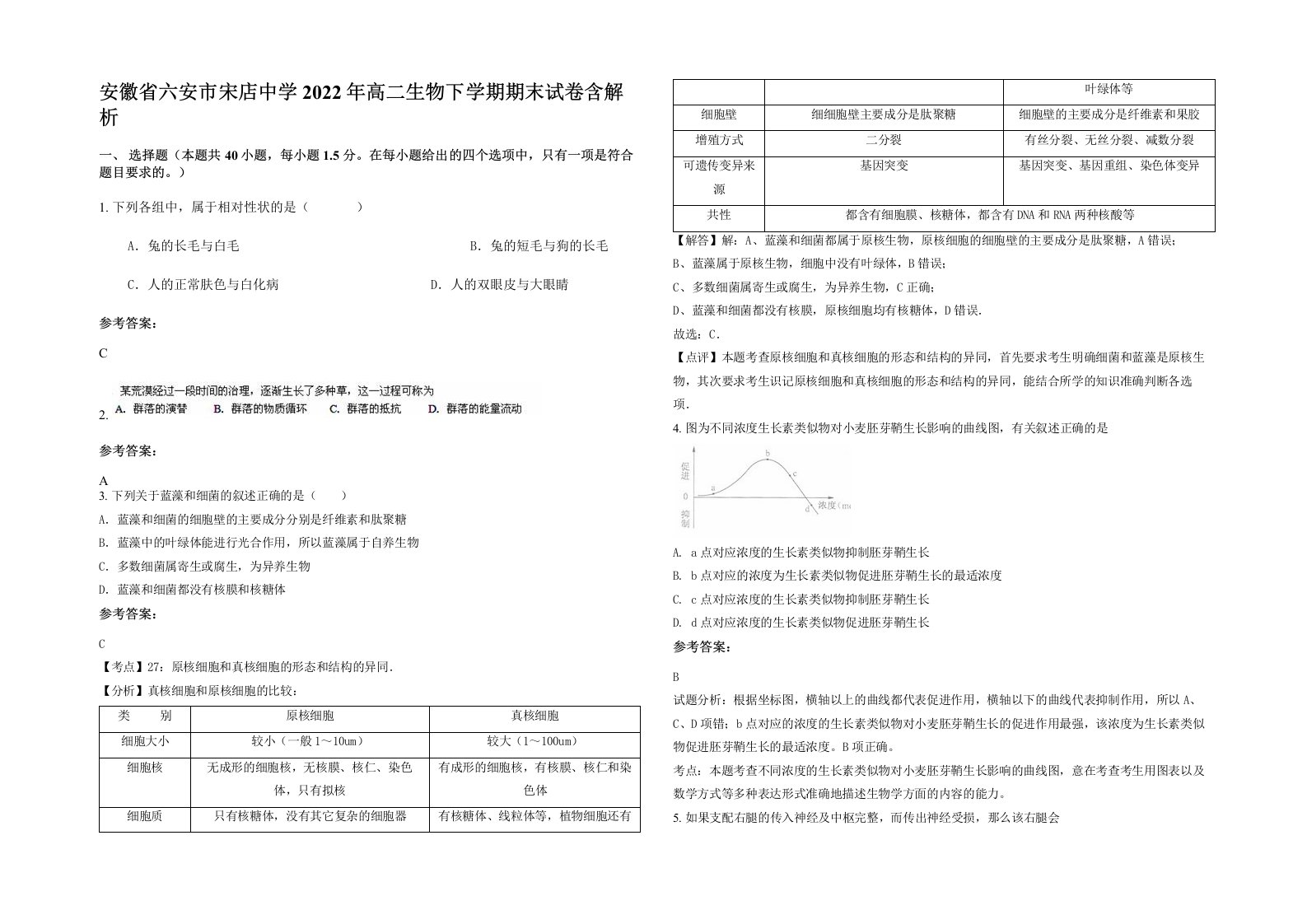 安徽省六安市宋店中学2022年高二生物下学期期末试卷含解析