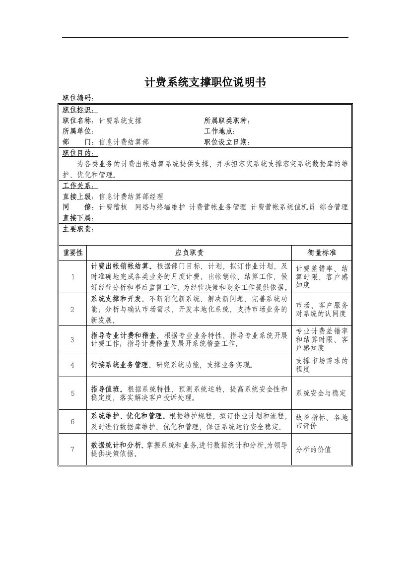 计费系统支撑岗位说明书