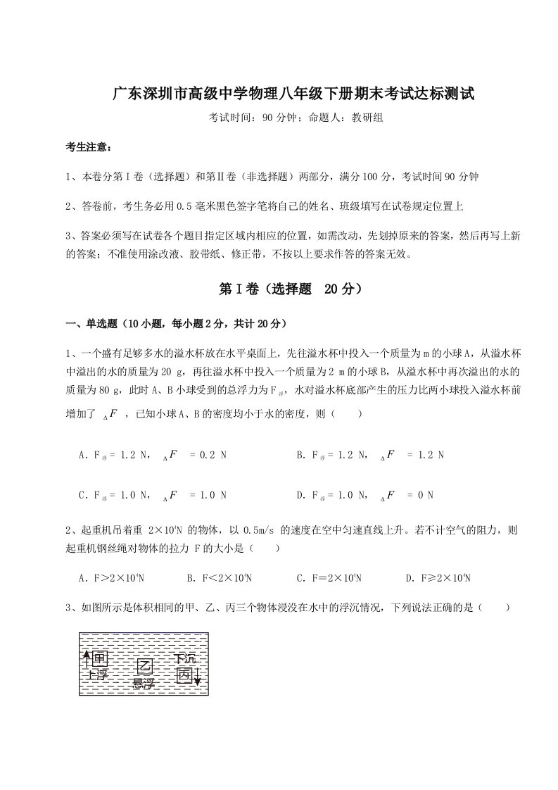 专题对点练习广东深圳市高级中学物理八年级下册期末考试达标测试试题（含答案及解析）