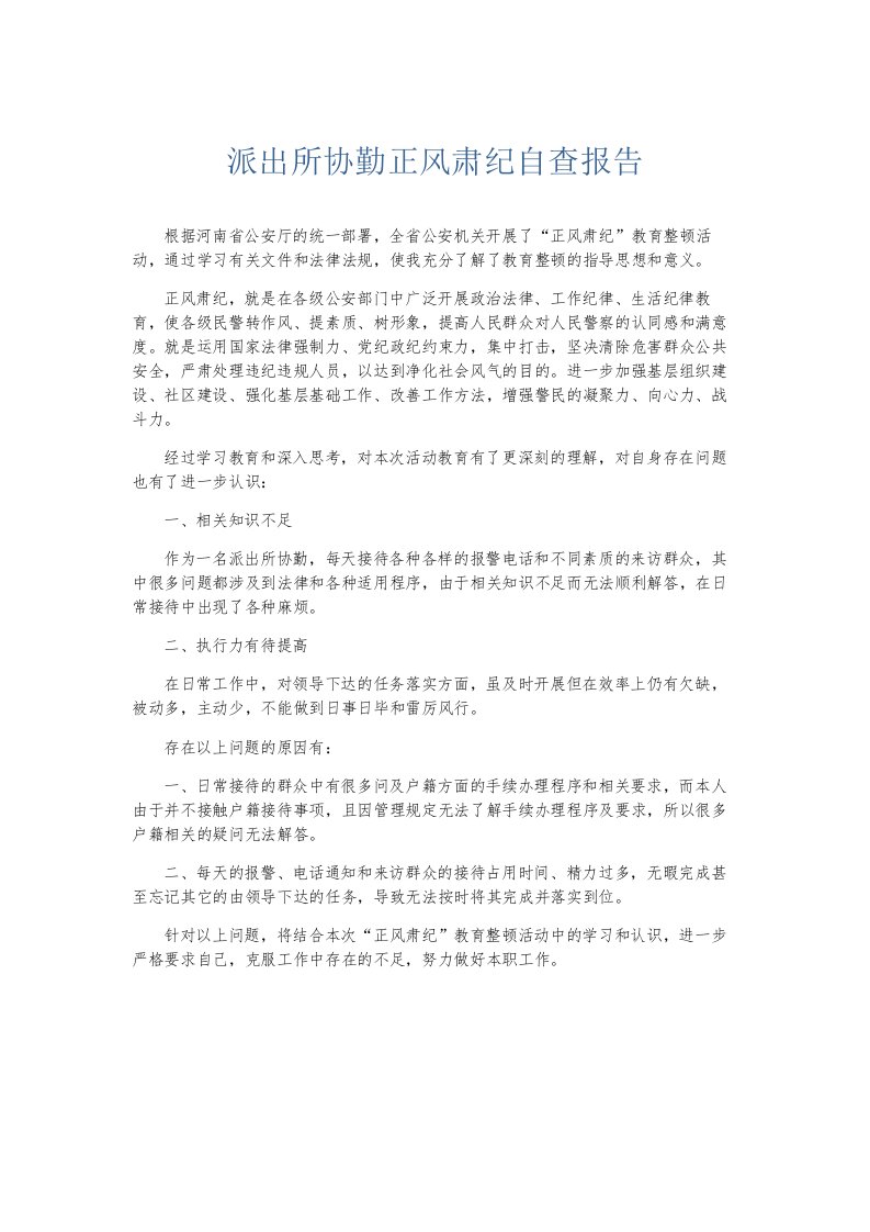 总结报告派出所协勤正风肃纪自查报告