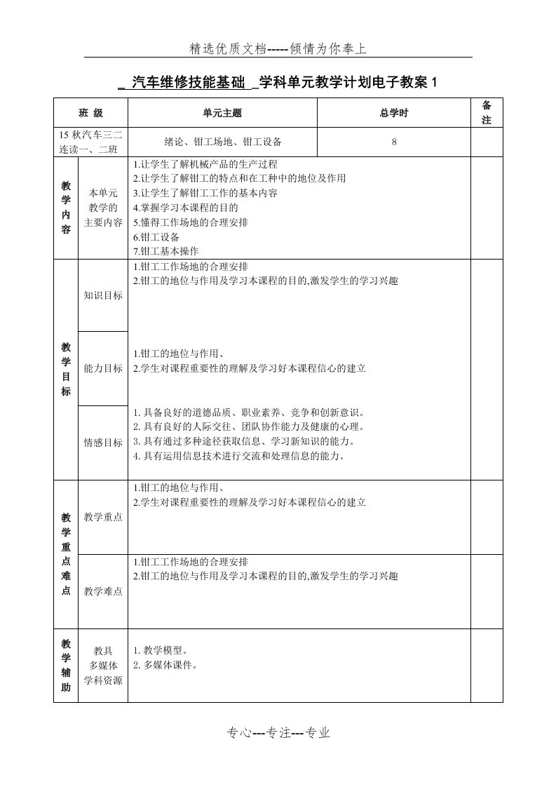 《汽车维修技能基础》电子教案(14个)解析(共22页)