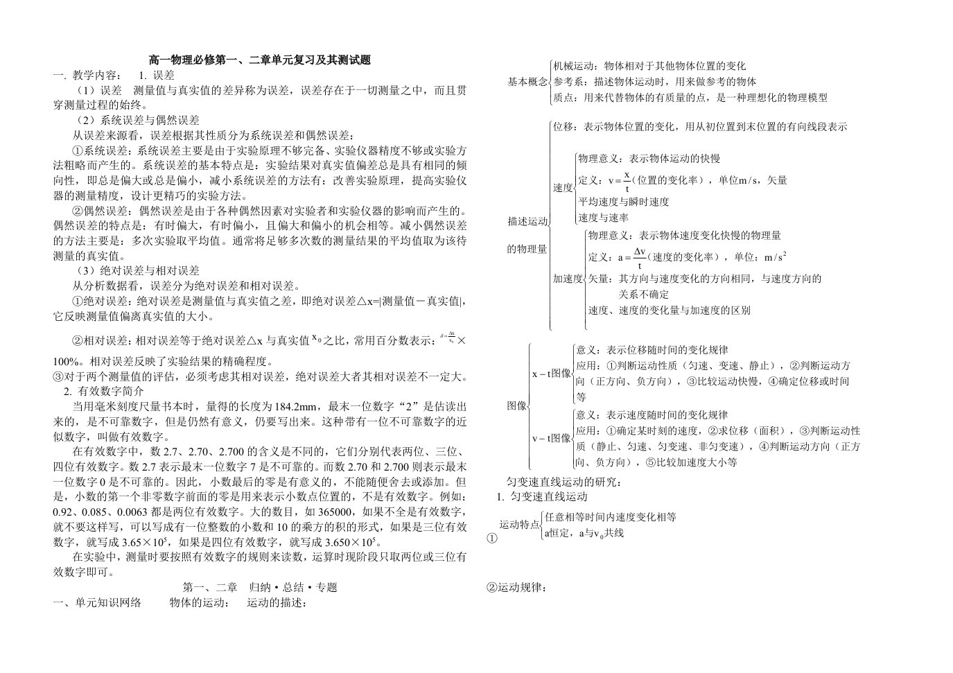 高一物理必修第一、二章单元复习及其测试题