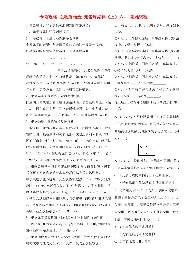 高三化学总复习专题攻略之物质结构元素周期律（上）六、重难突破（含解析）