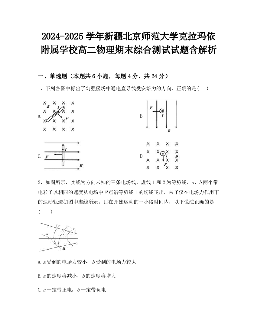 2024-2025学年新疆北京师范大学克拉玛依附属学校高二物理期末综合测试试题含解析