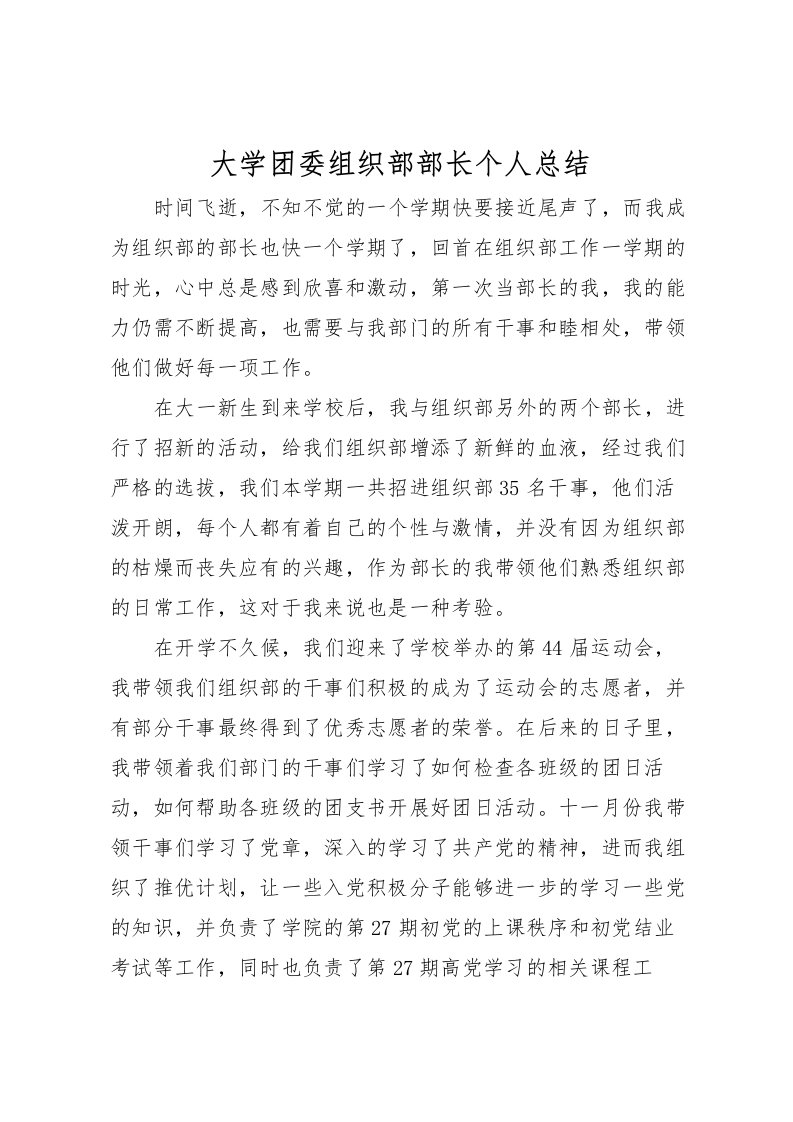 2022大学团委组织部部长个人总结