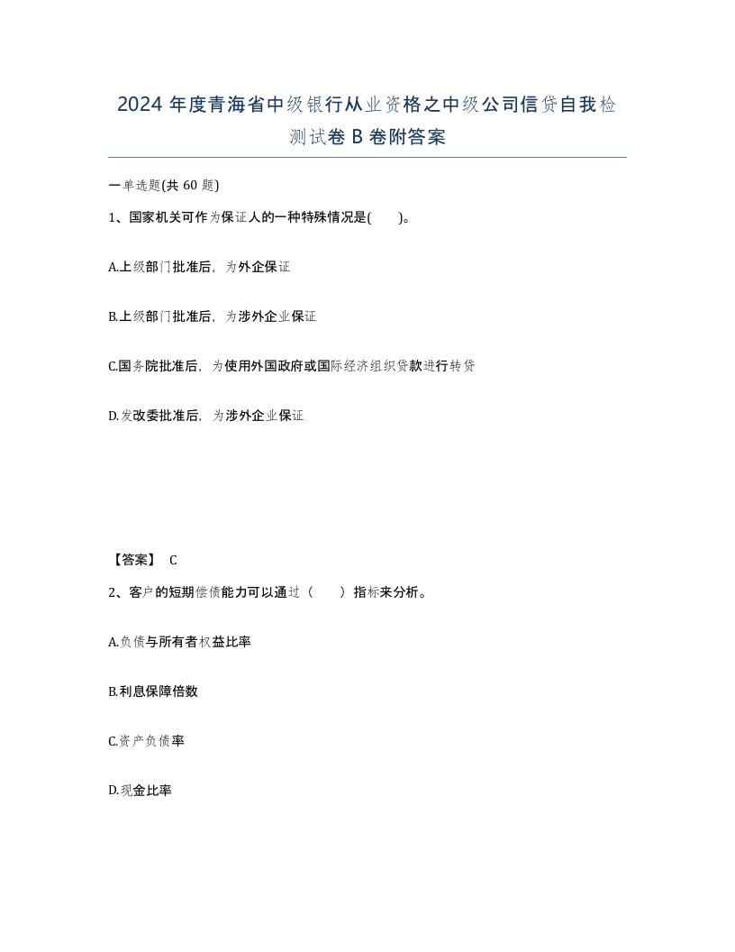 2024年度青海省中级银行从业资格之中级公司信贷自我检测试卷B卷附答案