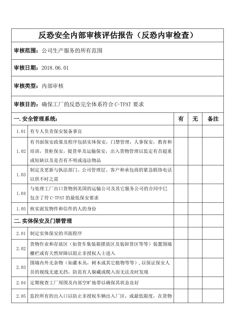 反恐安全内部审核评估报告（反恐内审检查）